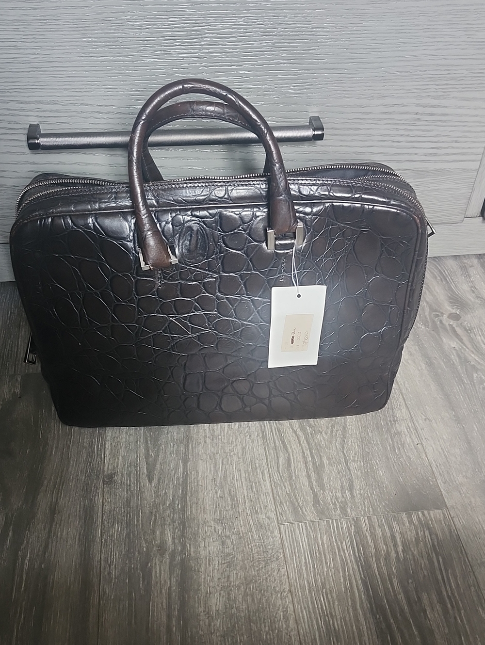 Croc-Embossed Leather Briefcase - Chocolate Brown